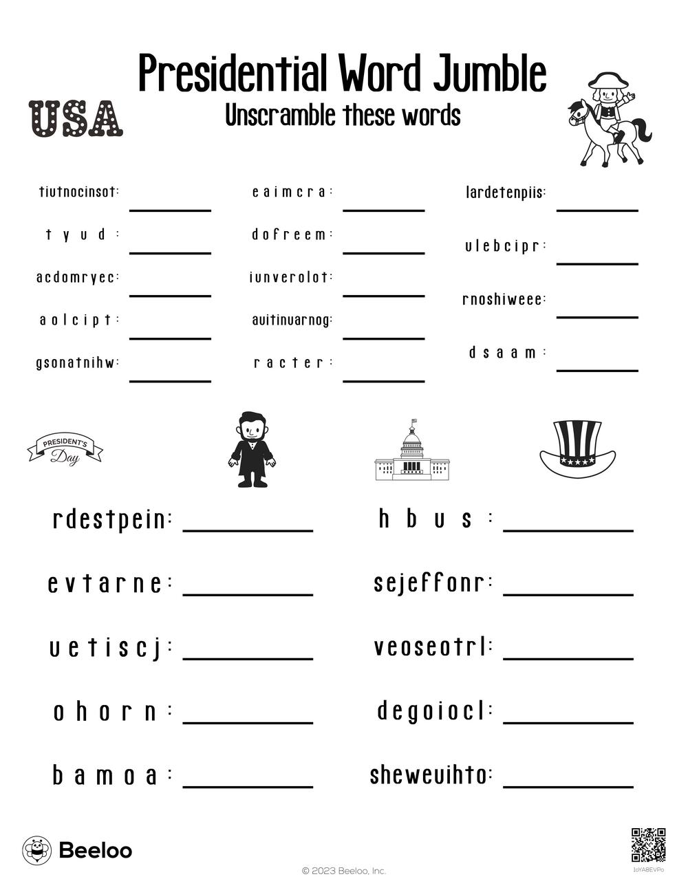 Presidential Word Jumble Beeloo Printable Crafts And Activities For Kids