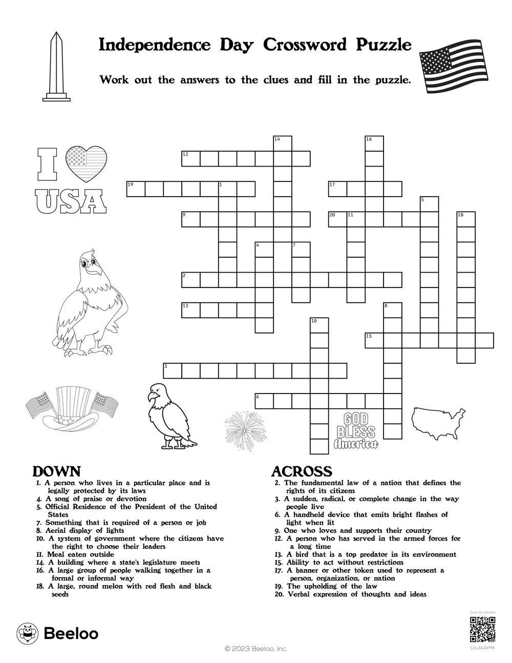 Independence Day Crossword Puzzle Beeloo Printable Crafts And 