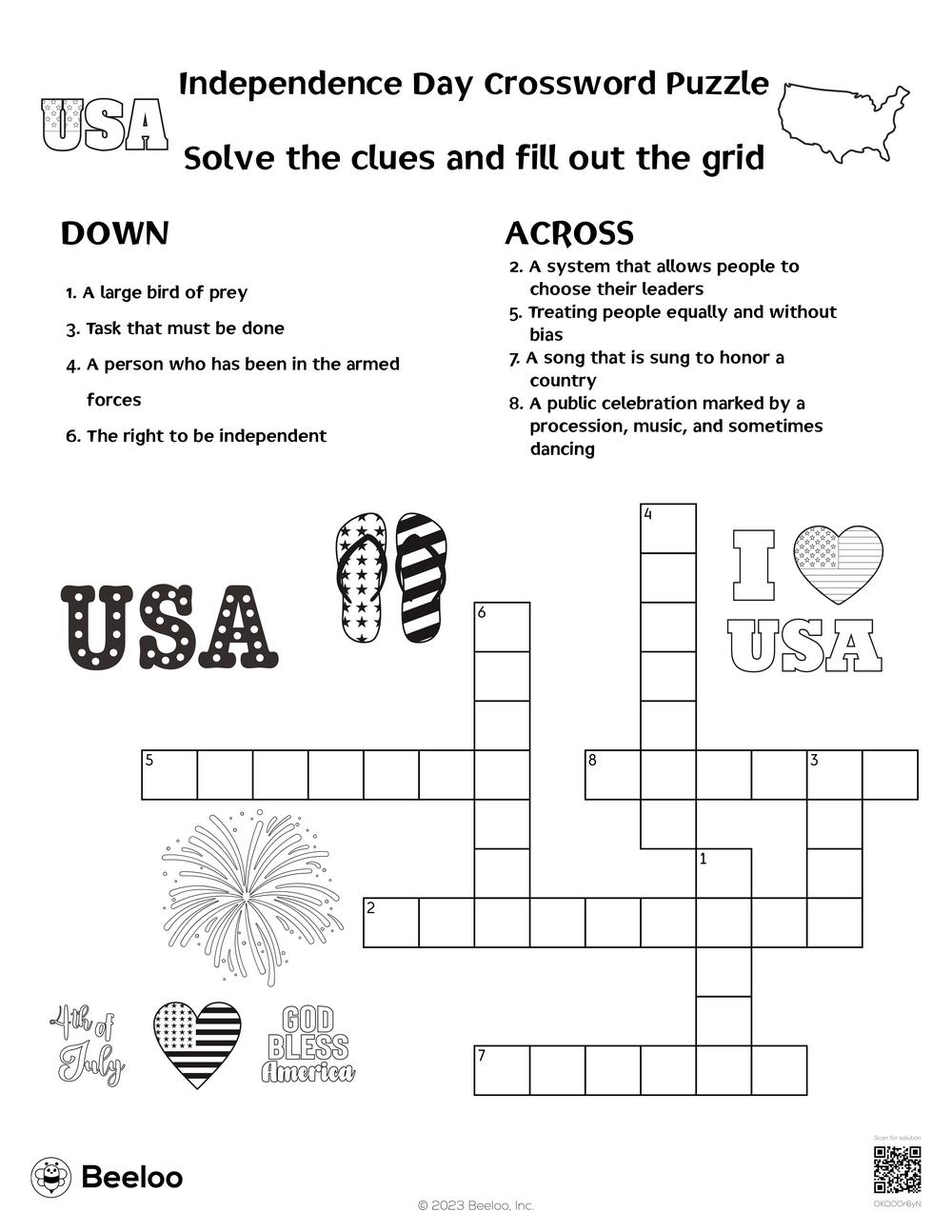Independence Day Crossword Puzzle Beeloo Printable Crafts And 