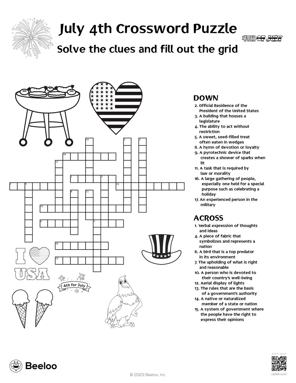 July 4th Crossword Puzzle Beeloo Printable Crafts For Kids Q6B8RWpKG 