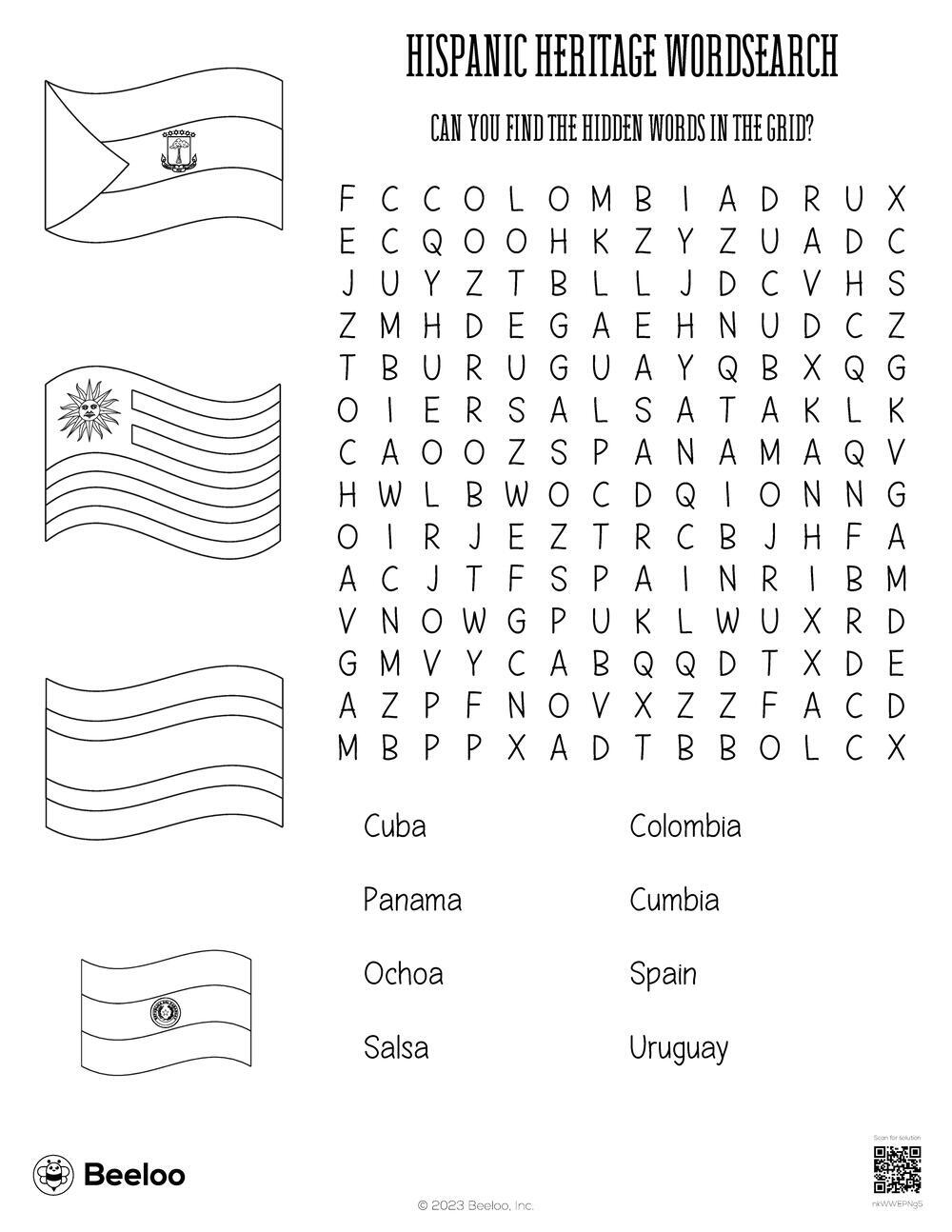 Hispanic Heritage Wordsearch Beeloo Printable Crafts And Activities 