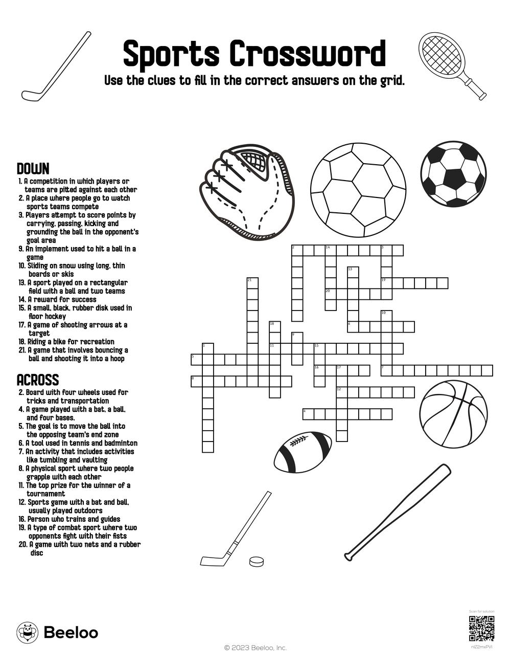 Sports Crossword Beeloo Printable Crafts And Activities For Kids