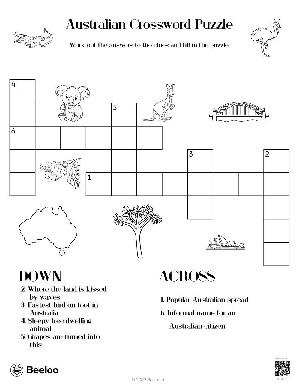 Australian Crossword Puzzle • Beeloo Printable Crafts and Activities for Kids