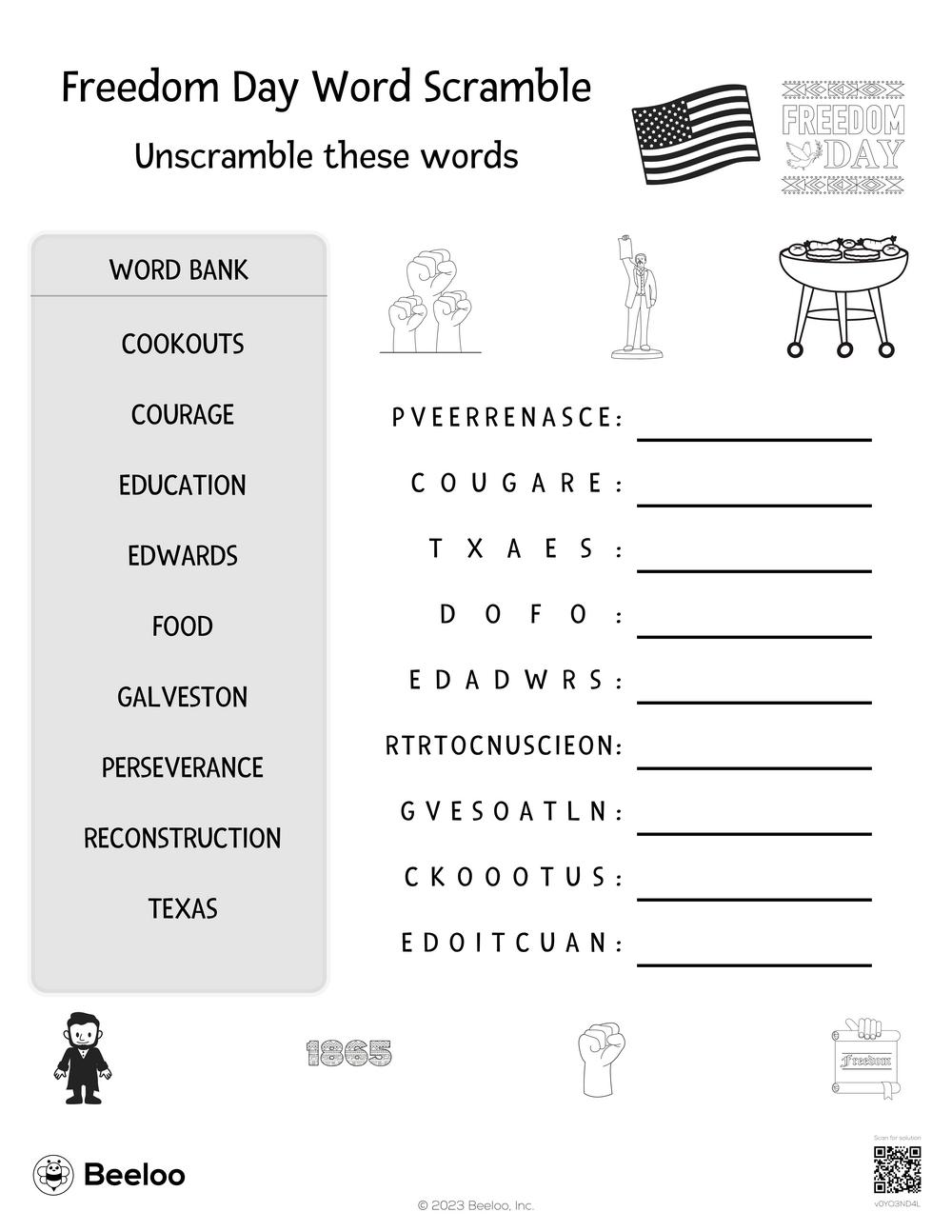 Juneteenth themed Word Scrambles Beeloo Printable Crafts And 
